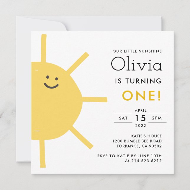 Invitation Little Sunshine 1er anniversaire Carré de fête Inv (Devant)