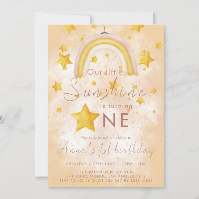 Invitation Little Sunshine Boho Rainbow Gold Star Anniversair (Devant)