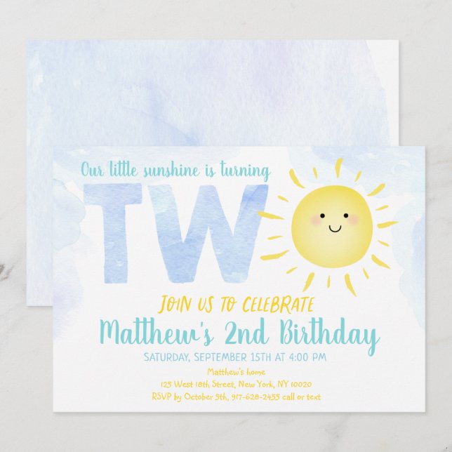 Invitation Little Sunshine Boy Deuxième anniversaire (Devant / Derrière)