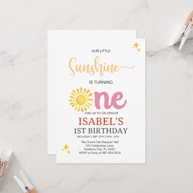 Invitation Little Sunshine Premier anniversaire, Sunshine 1er (Devant/Arrière en situation)
