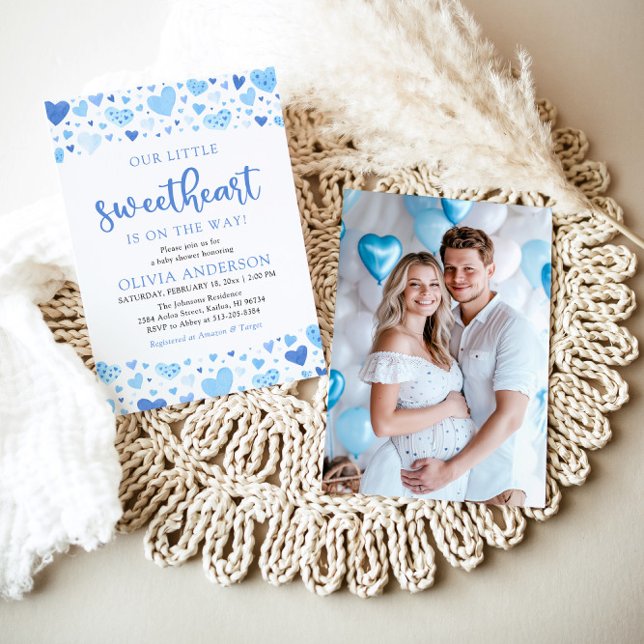 Invitation Little Sweetheart Blue Boy Valentine Baby shower (Watercolor Cute A Little Sweetheart Baby Blue Boy Hearts Valentine Photo Baby Shower Invitation)
