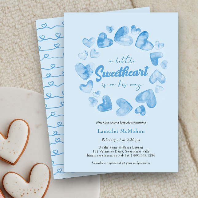 Invitation Little Sweetheart Blue Heart Valentine Baby shower (Little Sweetheart is on his Way Baby Shower Invitation)