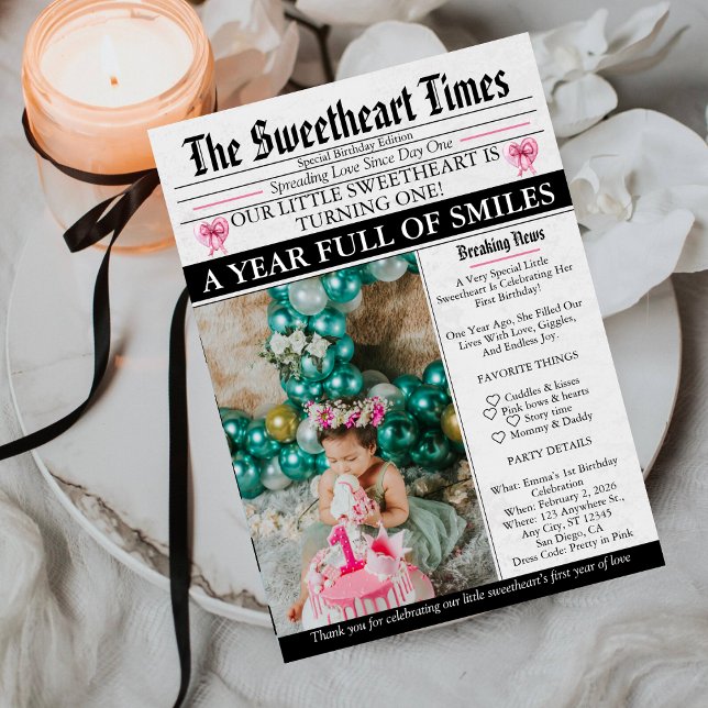 Invitation Little Sweetheart Bow First 1st Birthday photo (Créateur téléchargé)