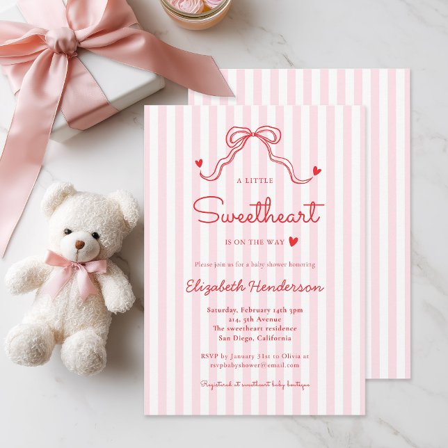 Invitation Little Sweetheart Bow Pink Stripe Baby Shower (Créateur téléchargé)