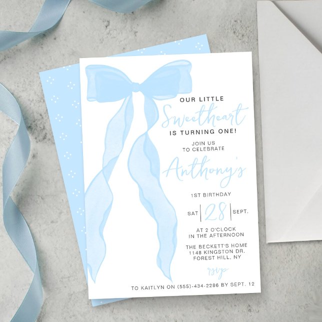 Invitation Little Sweetheart Elegant Blue Bow Birthday Party (Créateur téléchargé)