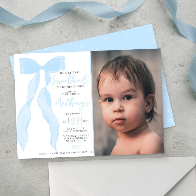 Invitation Little Sweetheart Elegant Blue Bow Birthday Photo (Créateur téléchargé)