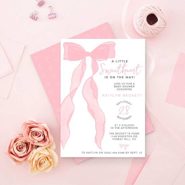 Invitation Little Sweetheart Elegant Pink Bow Baby Shower (Créateur téléchargé)