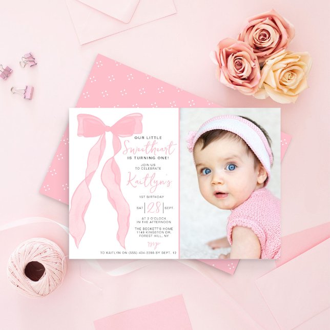 Invitation Little Sweetheart Elegant Pink Bow Birthday Photo (Créateur téléchargé)