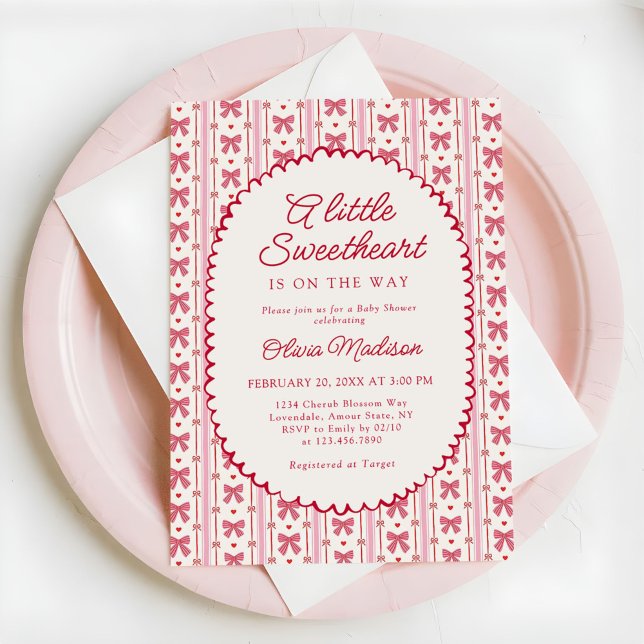 Invitation Little Sweetheart Pink Red Bow Baby Shower (Créateur téléchargé)