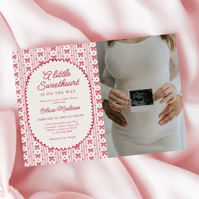 Invitation Little Sweetheart Pink Red Bow Baby Shower Photo (Créateur téléchargé)