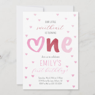 Invitation Little Sweetheart Pink Red Hearts 1er anniversaire