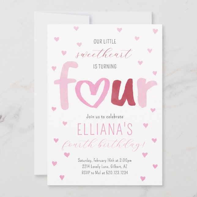Invitation Little Sweetheart Pink Red Hearts 4e anniversaire (Devant)