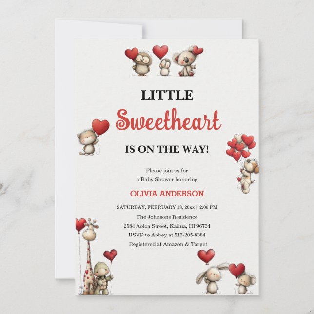 Invitation Little Sweetheart Valentine animals Baby Shower  (Devant)