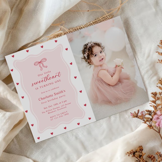 Invitation Little Sweetheart Valentine Bow 1st Birthday Photo (Créateur téléchargé)