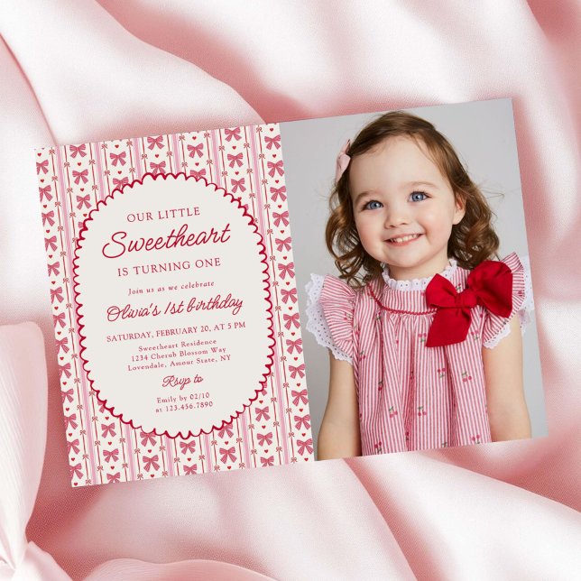 Invitation Little Sweetheart Valentine Bow 1st Birthday Photo (Créateur téléchargé)