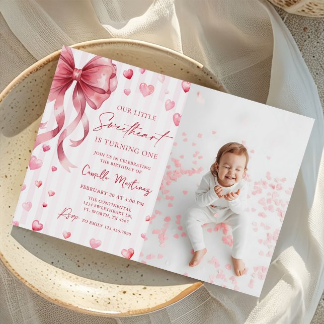 Invitation Little Sweetheart Valentine Bow 1st Birthday Photo (Créateur téléchargé)