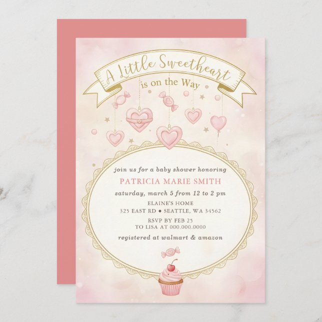 Invitation Little Sweetheart Valentines Girl Baby Shower (Devant / Derrière)