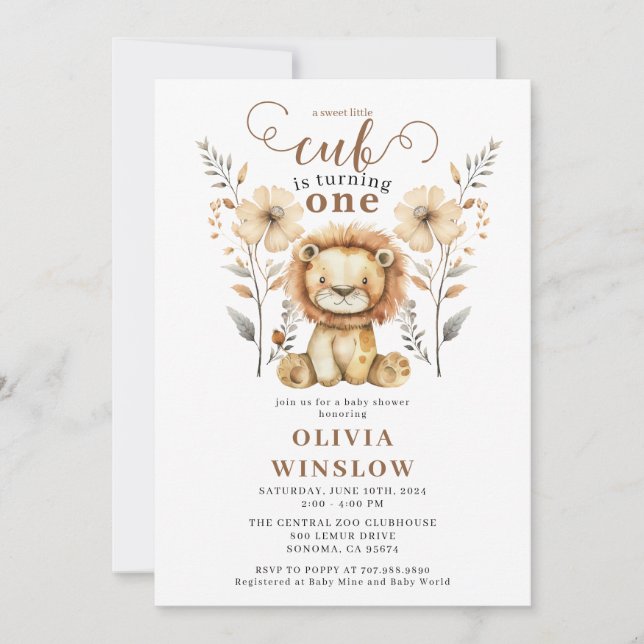 Invitation Little Watercolor Lion Safari animal 1er anniversa (Devant)