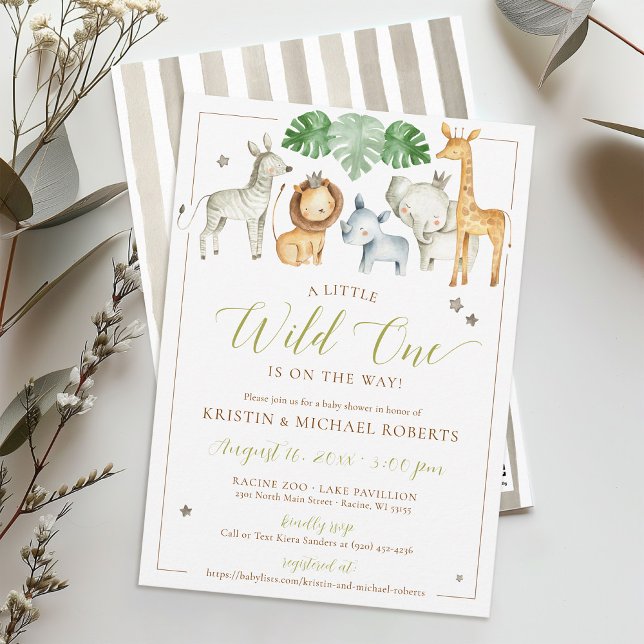 Invitation Little Wild One Safari Animaux Garçon Baby shower (Watercolor jungle safari zoo animals Little Wild One green tropical simple baby boy shower invite)