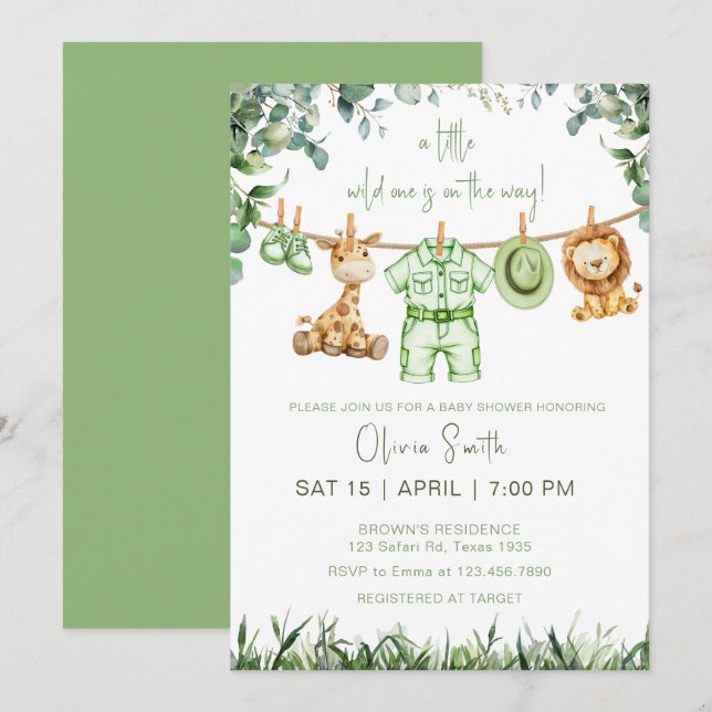 Invitation Little Wild One Safari mignon Animaux Baby shower (Devant / Derrière)