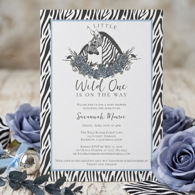 Invitation Little Wild One Zebra Safari Baby Shower Party (Little wild one zebra safari baby shower invitation boy blue jungle animal wild one party theme)