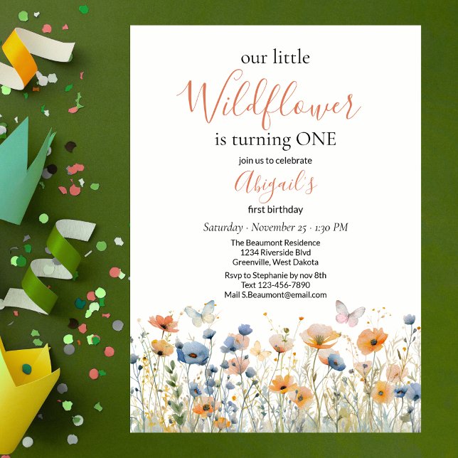 Invitation Little Wildflower Butterfly Meadow 1st Birthday (Créateur téléchargé)