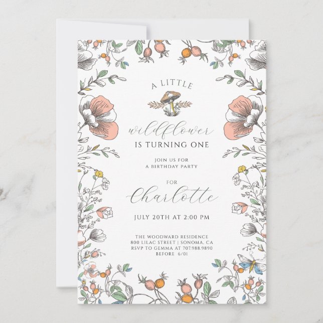 Invitation Little Wildflower Girl 1st Birthday (Devant)