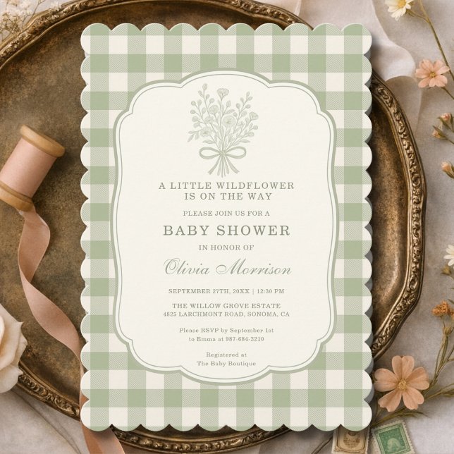 Invitation Little Wildflower Sage Green Gingham Baby Shower (Créateur téléchargé)
