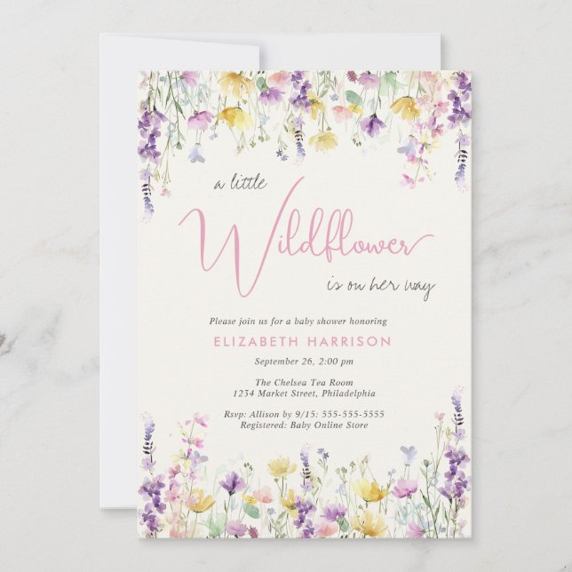 Invitation Little Wildflower Watercolor Baby Girl Shower (Devant)