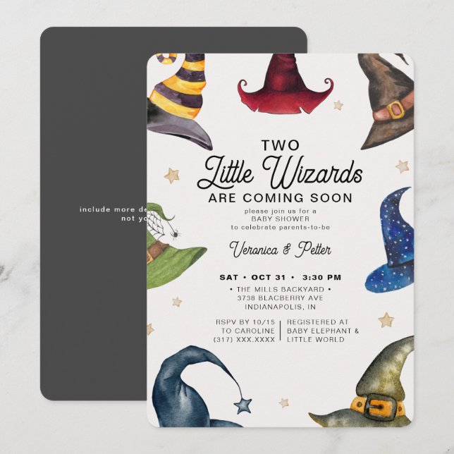 Invitation Little Wizards Twin Boy Grey Halloween Baby shower (Devant / Derrière)