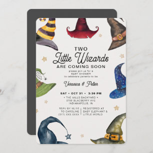 Invitation Little Wizards Twin Boy Grey Halloween Baby shower