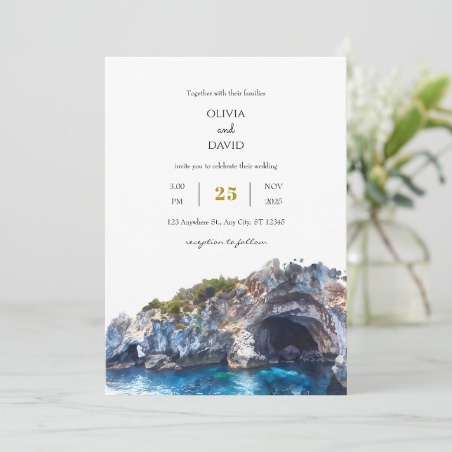 Invitation Littoral bleu minimal Paysage Plage Mariage (Debout devant)