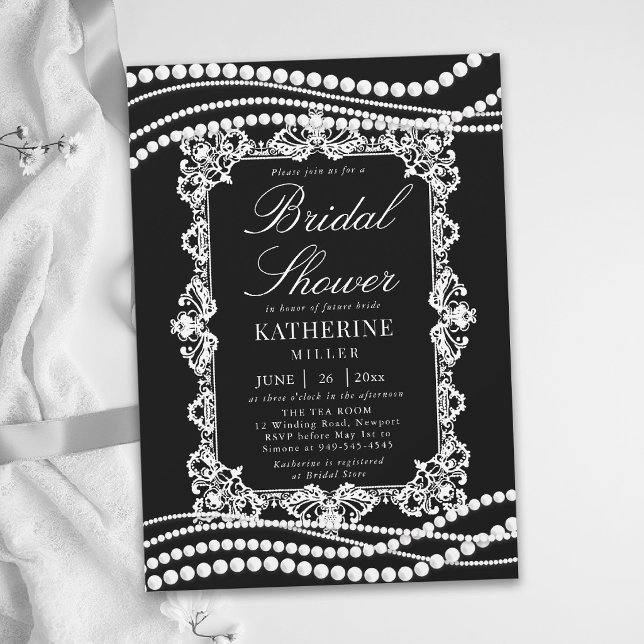 Invitation LIVRAISON Collier de perles Noir Blanc Chic Shower (lace bridal shower ideas black white pearls modern classic traditional elegant invitation template)