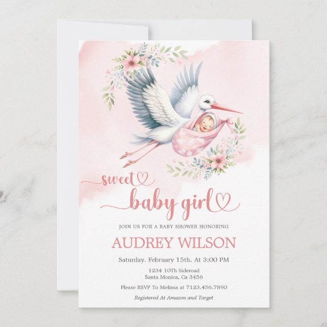 Invitation Livraison de cigogne douce bébé fille (Devant)