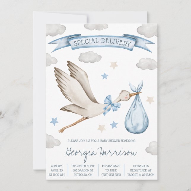 Invitation Livraison spéciale ! Baby Boy Blue Stork Baby show (Devant)