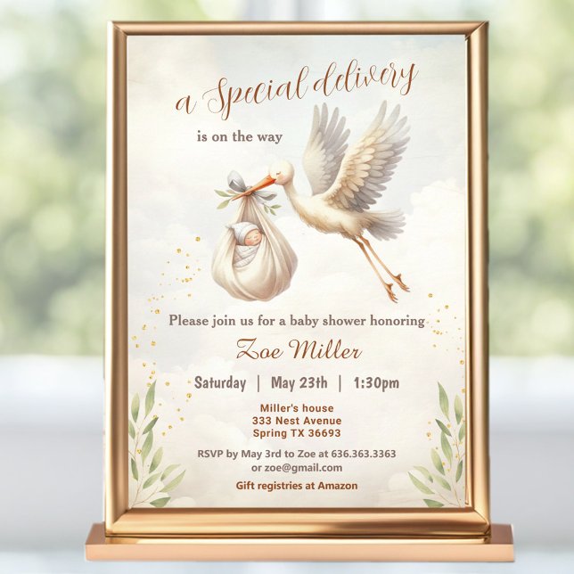 Invitation Livraison spéciale Baby shower de cigogne neutre p (Special Delivery Gender Neutral Stork Baby Shower Invitation)
