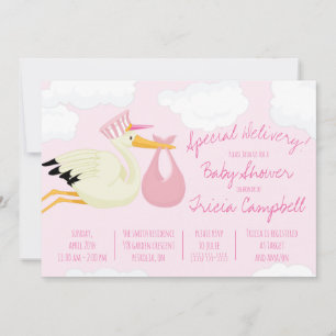 Invitation Livraison spéciale !  Baby shower de cigogne rose