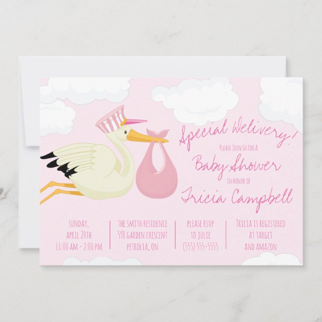 Invitation Livraison spéciale ! Baby shower de cigogne rose (Devant)
