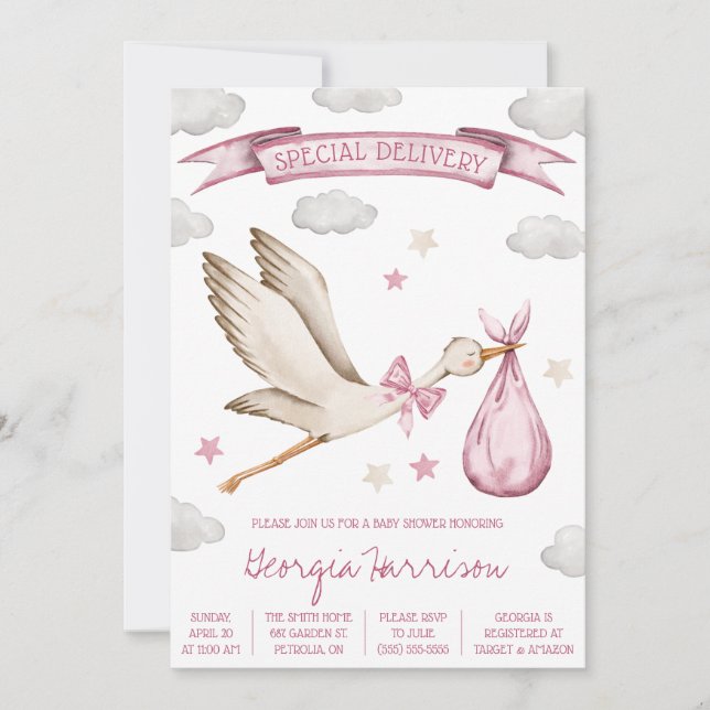 Invitation Livraison spéciale ! Bébé fille Baby shower de cig (Devant)