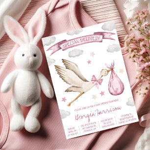 Invitation Livraison Spéciale ! Bébé Fille Cigogne Baby Showe