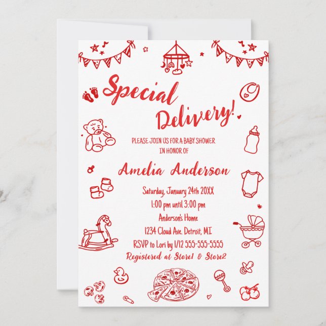 Invitation Livraison spéciale de pizza mignonne pour Baby Sho (Devant)