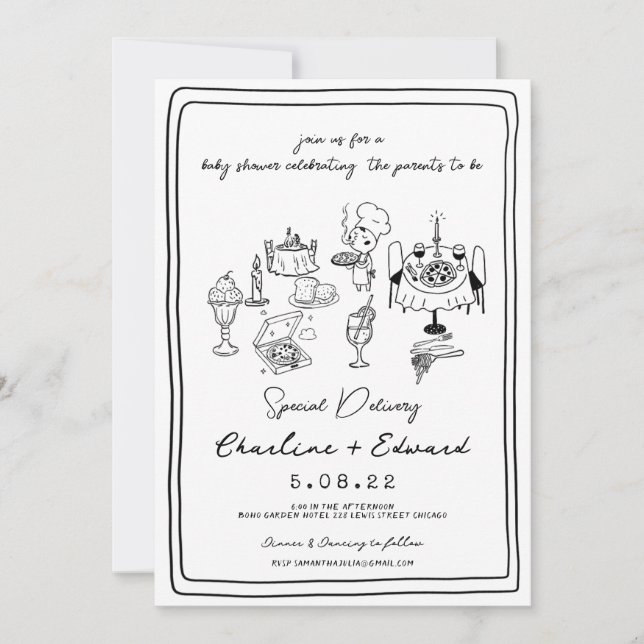 Invitation Livraison spéciale Pizza doodle baby shower fille  (Devant)