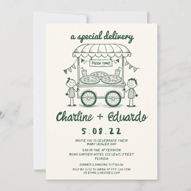 Invitation Livraison spéciale Pizza doodle baby shower fille  (Devant)