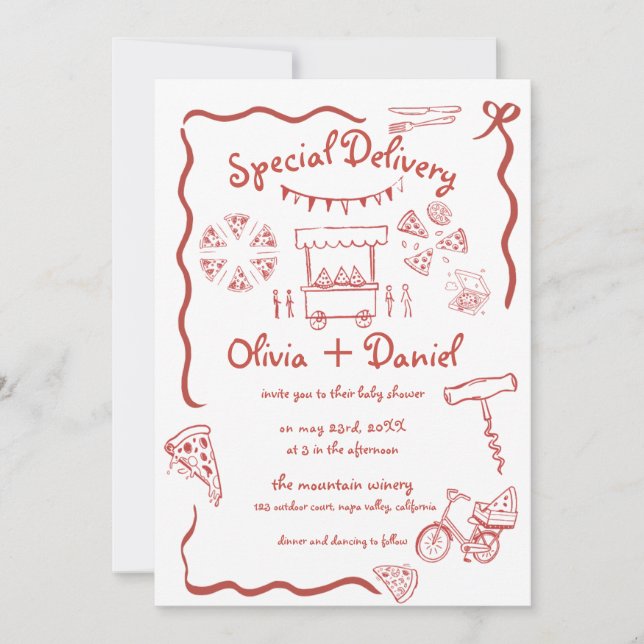 Invitation Livraison spéciale Pizza doodle baby shower fille  (Devant)