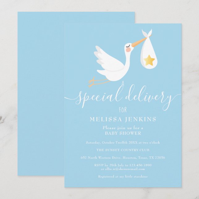 Invitation Livraison spéciale Stork Star Baby Shower Sprinkle (Devant / Derrière)