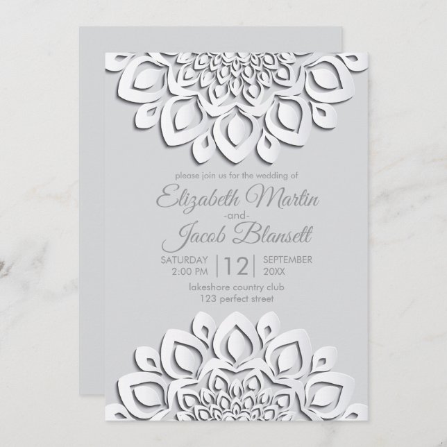 Invitation Livre blanc contemporain coupé Mandala Mariage (Devant / Derrière)
