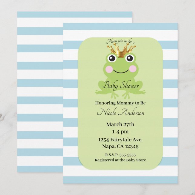 Invitation Livre bleu Conte de fée Grenouille Baby shower Pri (Devant / Derrière)