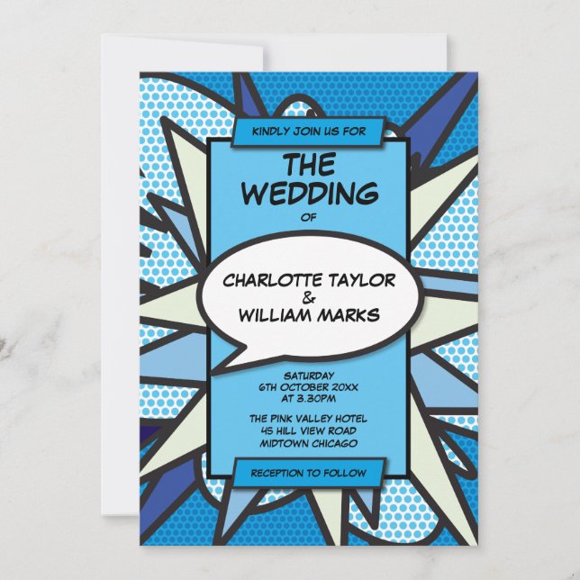 Invitation Livre de B.D. Bleu de Fun Designer Mariage moderne (Devant)