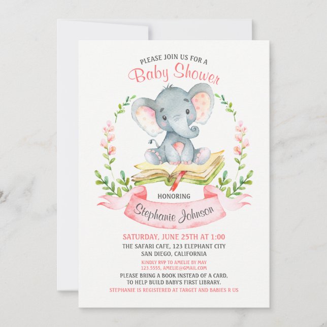 Invitation Livre de Baby shower de fille Elephant Aquarelle (Devant)