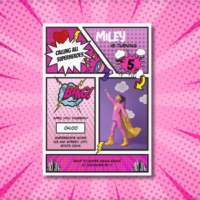 Invitation Livre de bande dessinée Superhero Photo fille uniq (pink comic book superhero photo girls birthday invitation)